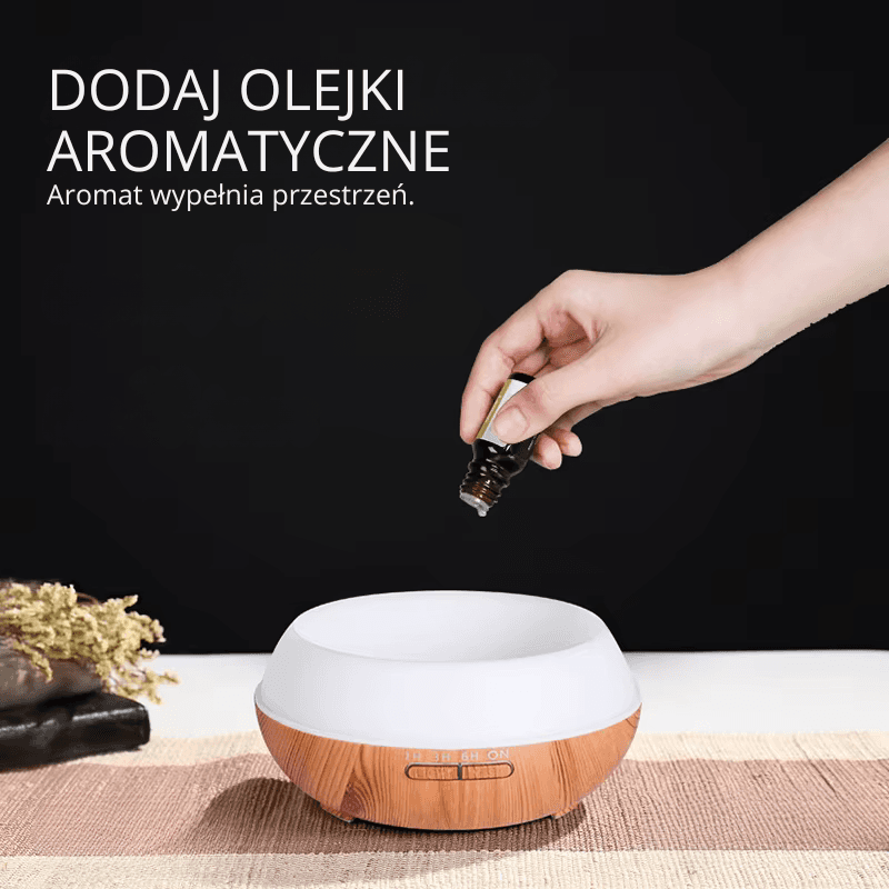 Dyfuzor zapachowy Woody 500 ml z efektem drewna. Aromaterapia, nawilżanie, 7 kolorów LED, timer i pilot. Do 10 godzin pracy.