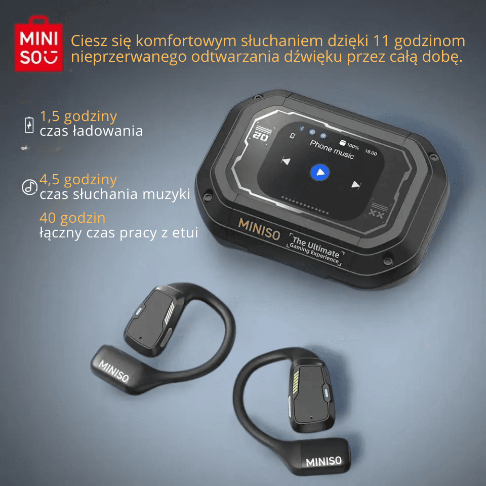 Tłumacz AI MINISO M98 – bezprzewodowe słuchawki open-ear do tłumaczenia rozmów na żywo w 135 językach. Do podróży, pracy i nauki.