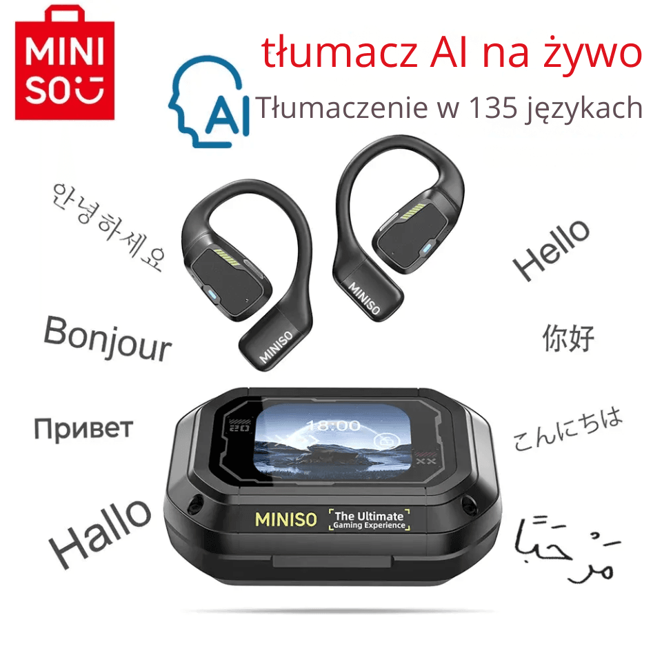 Tłumacz AI MINISO M98 – bezprzewodowe słuchawki open-ear do tłumaczenia rozmów na żywo w 135 językach. Do podróży, pracy i nauki.