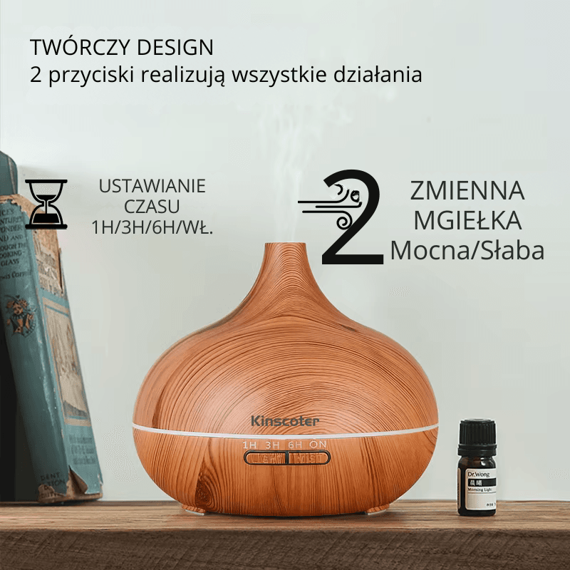 Dyfuzor zapachowy Woody 500 ml z efektem drewna. Aromaterapia, nawilżanie, 7 kolorów LED, timer i pilot. Do 10 godzin pracy.