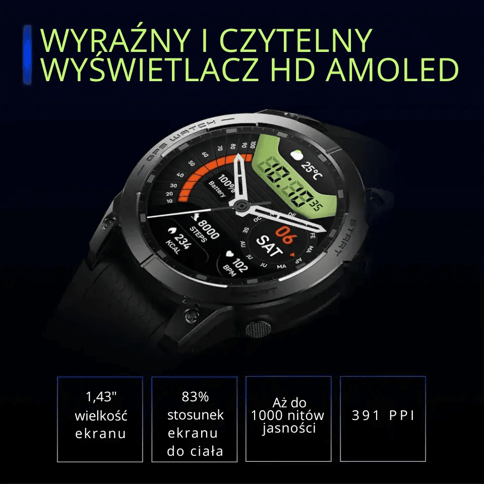 Zeblaze Stratos 3 Pro to smartzegarek z ekranem AMOLED 1.43", GPS i rozmowami Bluetooth. Wygodny do treningu i na co dzień, także jako bezpieczny prezent.